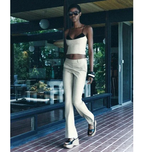 BLOGGER'S FAVE! Zara 2 Piece Flared Pants And Matching Tank Top Set Khaki NWT - Picture 7 of 14